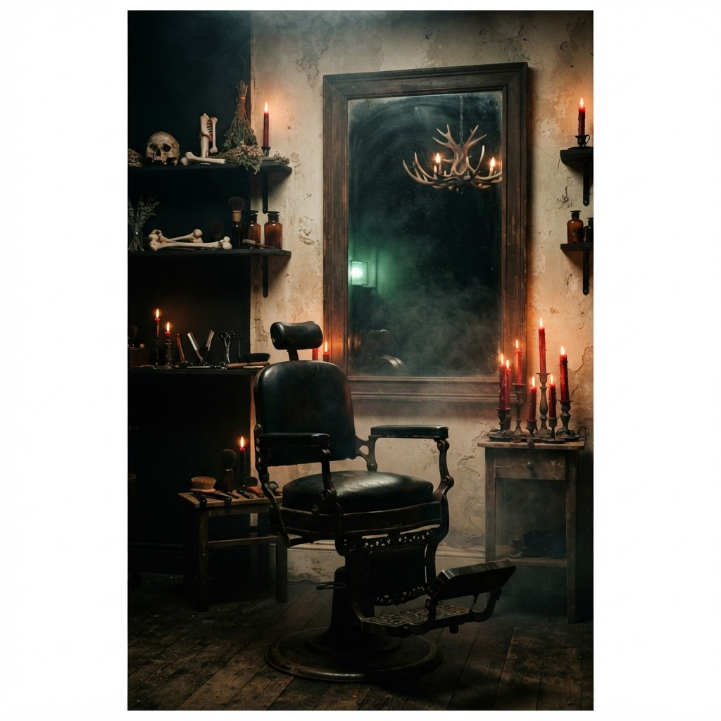 Dimly lit private barber studio with an antique chair and candlelight